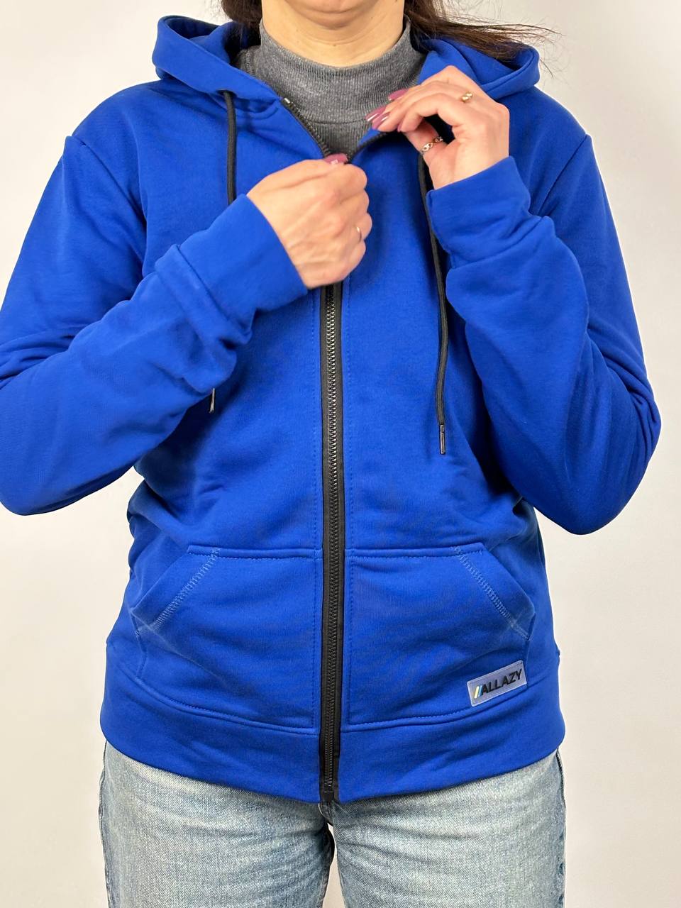 Синяя женская худи без начеса на молнии "ALLAZY" реальное фото